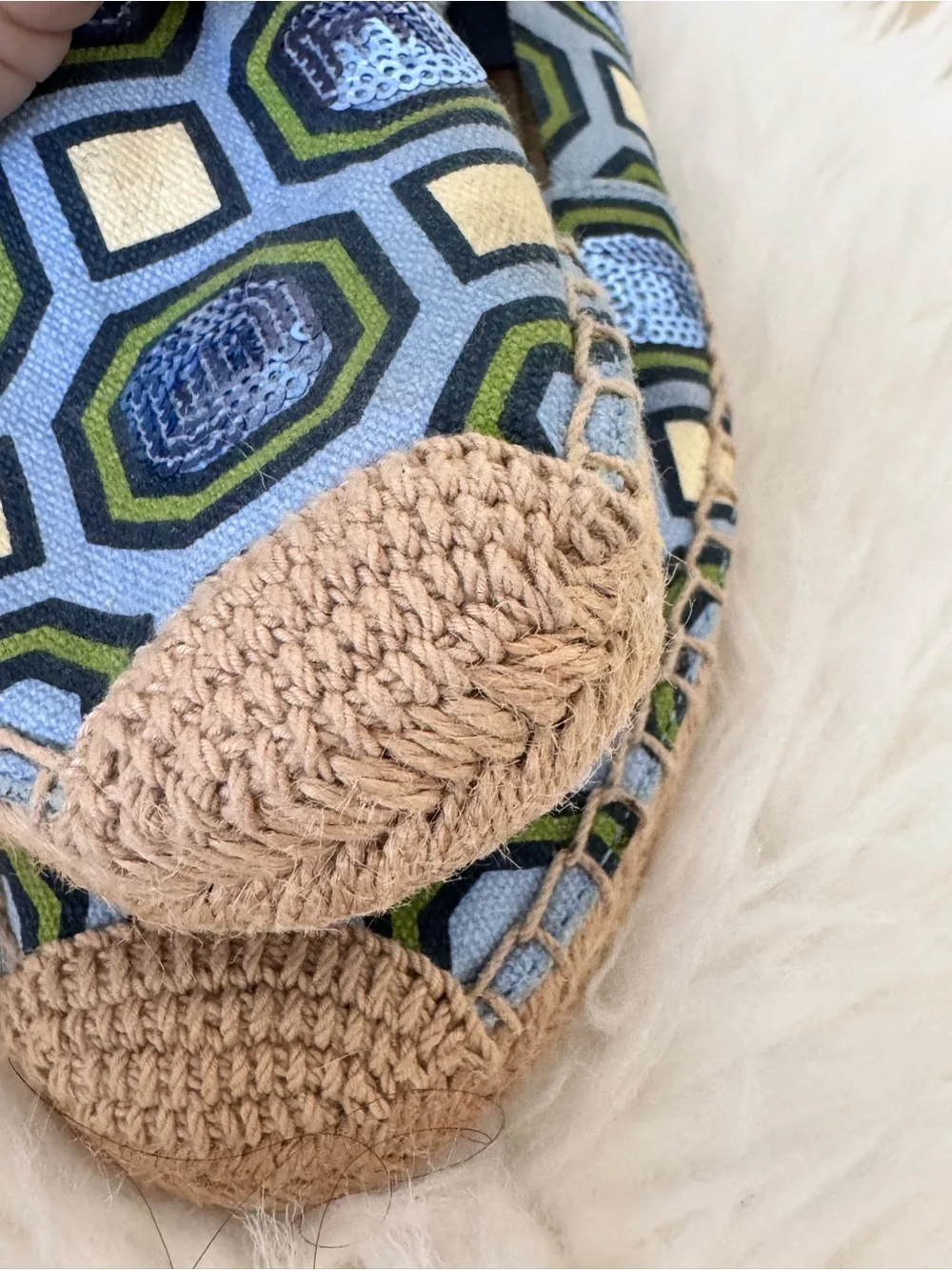 Authentic Tory Burch Blue, Green & Cream Geometric Espadrilles Size 8 like New